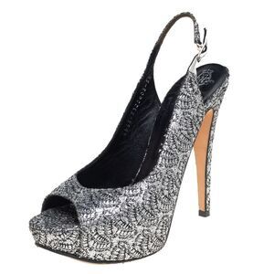 Gina Metallic Silver Glitter Peep Toe Platform Slingback Sandals Size 38.5